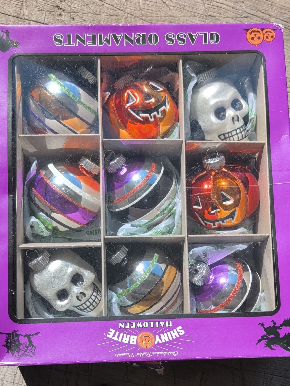 Christopher Radko Shiny Brite Halloween Ornaments 9 Skulls,Pumpkins Glitter St